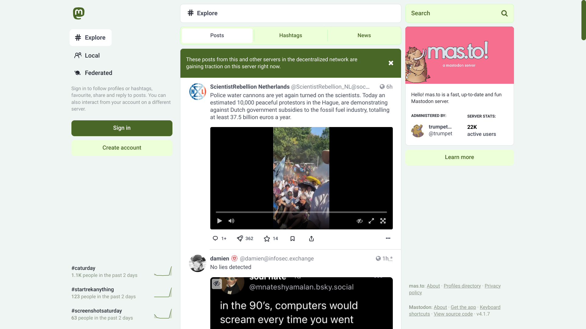 the explore page on Mastodon featuring Tangerine UI's green variant in light mode on a desktop client