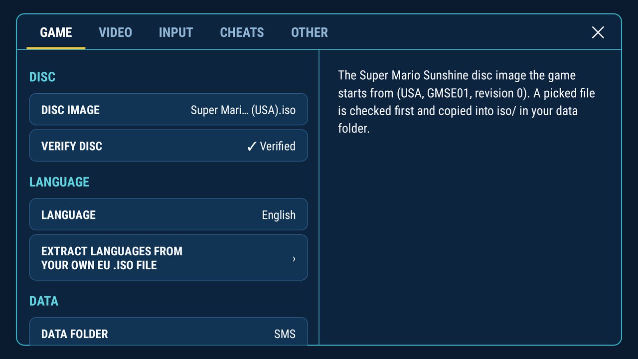 Configurações do Mareshine com verificação do disco de Super Mario Sunshine e seleção de idioma.