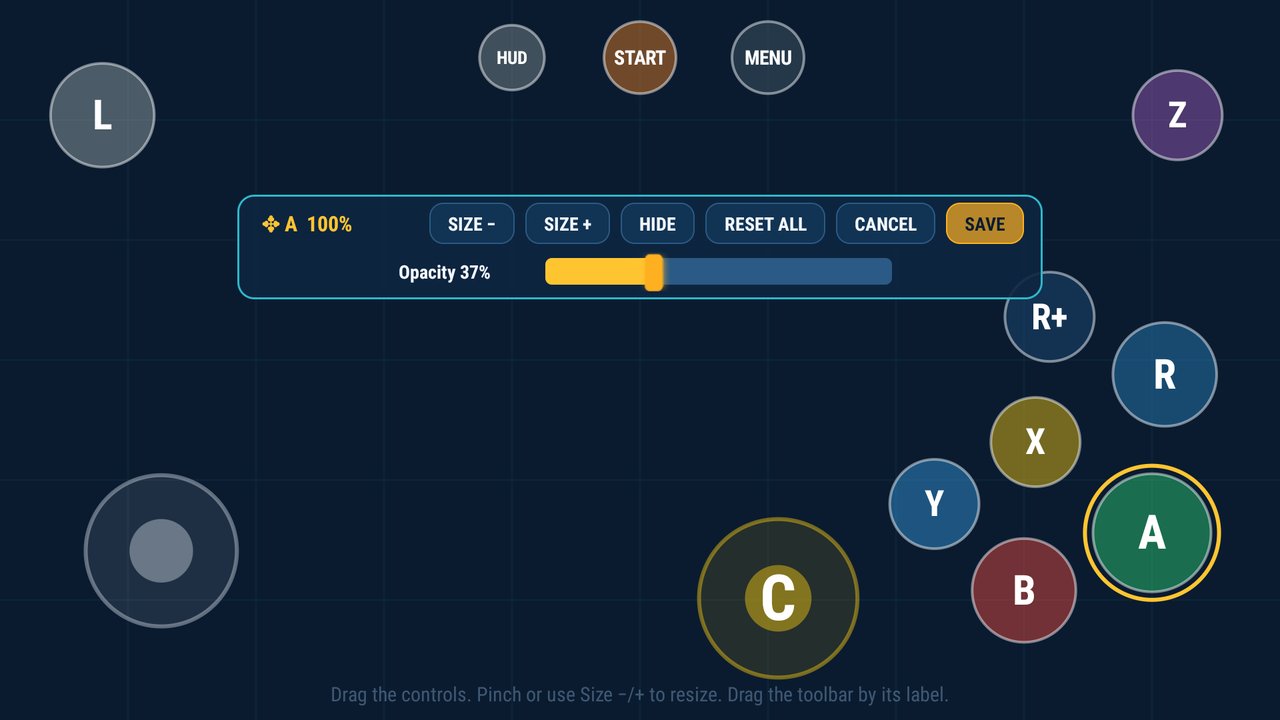 Editor de controles de Sunshine no Android no Mareshine, com ajuste de tamanho e transparência do botão A.