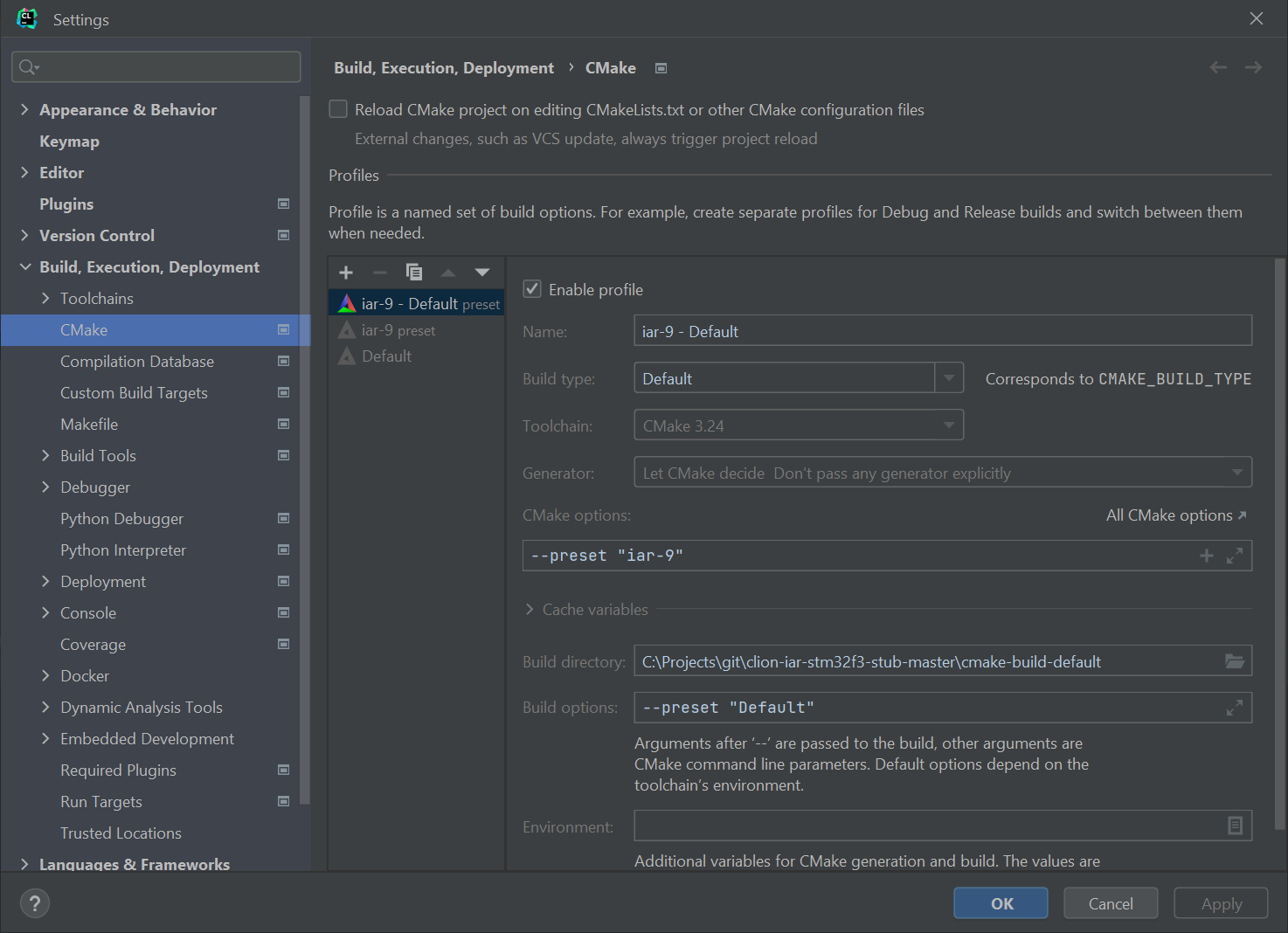 Clion Settings CMake