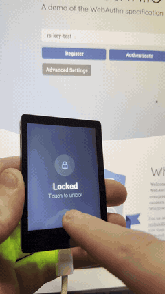 Registering a passkey on webauthn.io with the trusted-display build: the device screen shows a Device PIN pad, then an Approve / Save-passkey prompt, and the browser confirms you are logged in. The PIN and the approval both happen on the device's own screen