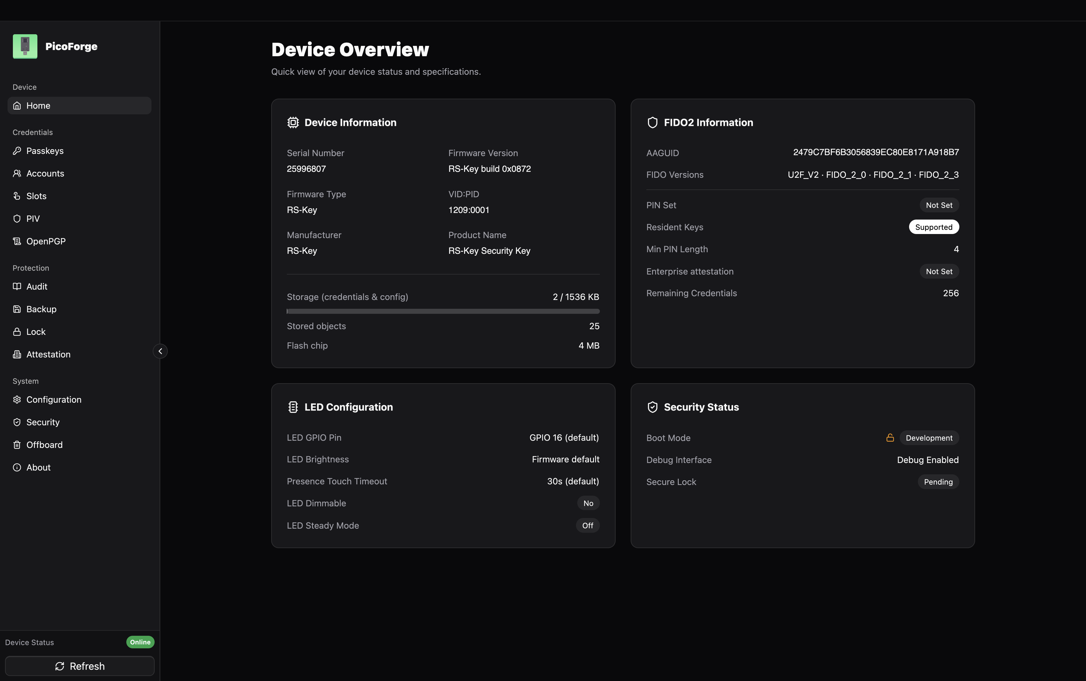 PicoForge on its Device Overview page, reading a freshly flashed RS-Key: a sidebar of sections (Home, Passkeys, Accounts, Slots, PIV, OpenPGP, Audit, Backup, Lock, Attestation, Configuration, Security, Offboard) and four cards — Device Information (serial number, firmware RS-Key build 0x0872, VID:PID 1209:0001, product name RS-Key Security Key, storage 2 of 1536 KB, 4 MB flash chip), FIDO2 Information (AAGUID, U2F_V2 and FIDO 2.0 / 2.1 / 2.3, PIN Not Set, resident keys supported, 256 remaining credentials), LED Configuration (GPIO 16, 30 s presence touch timeout) and Security Status (boot mode Development, debug enabled, secure lock pending)