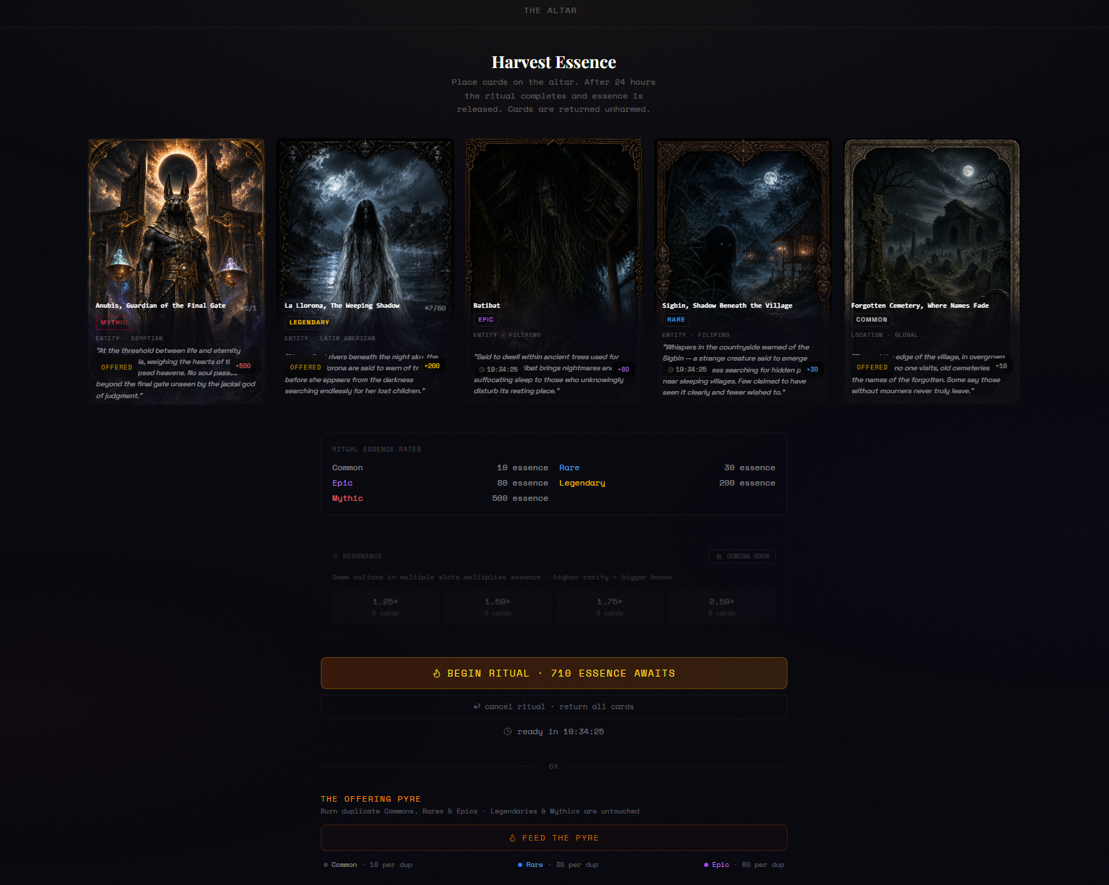 The Altar — Harvest Essence ritual in Infinite Collectibles