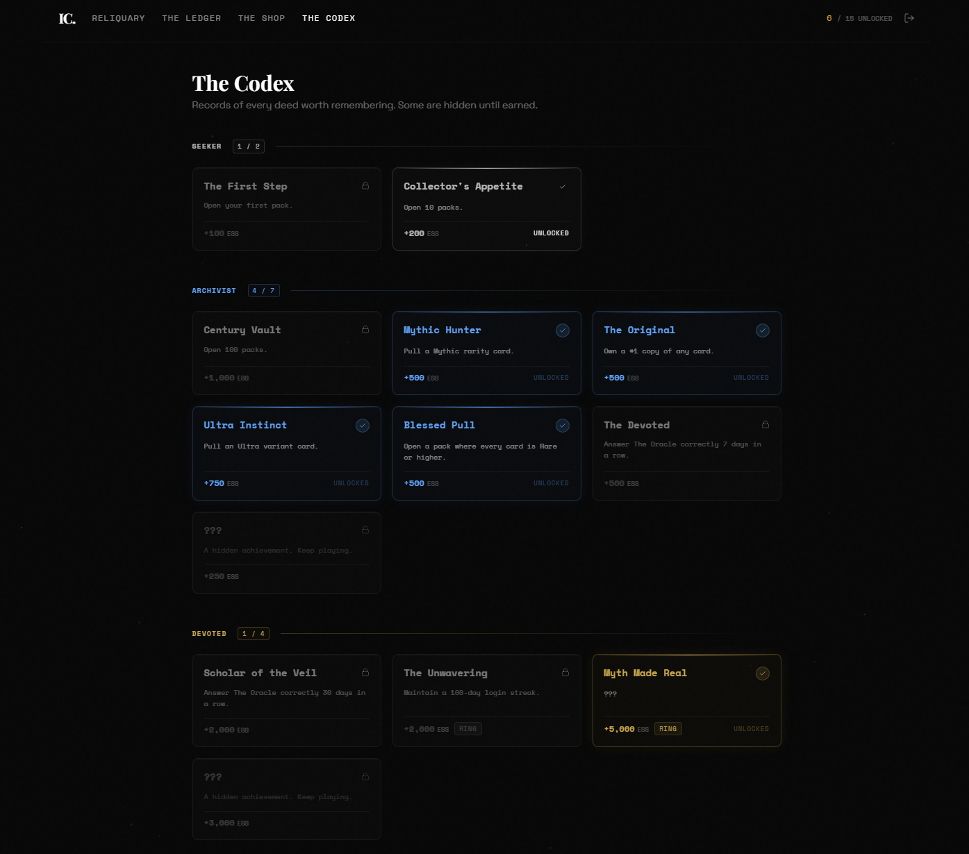 The Codex — Achievements page in Infinite Collectibles