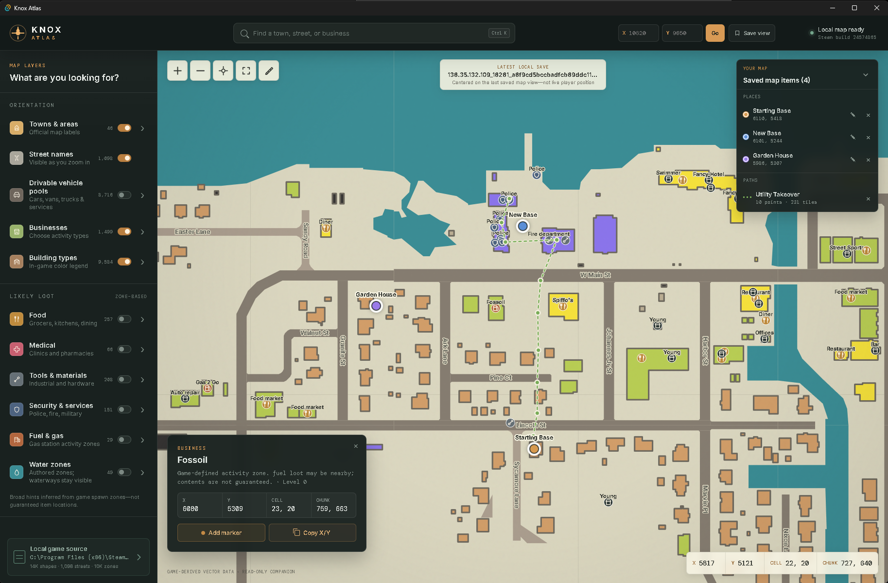 Named waypoints and a saved multi-point path in Knox Atlas