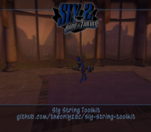 A screenshot of the Sly 2 title screen with strings replaced where game strings have been replaced with the name and link to the repository.