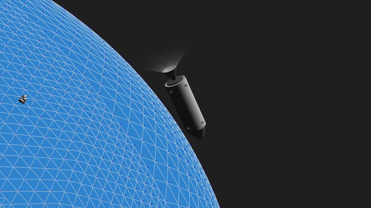 A Debug-rendered vehicle composed of parts flying over a planet. screenshot