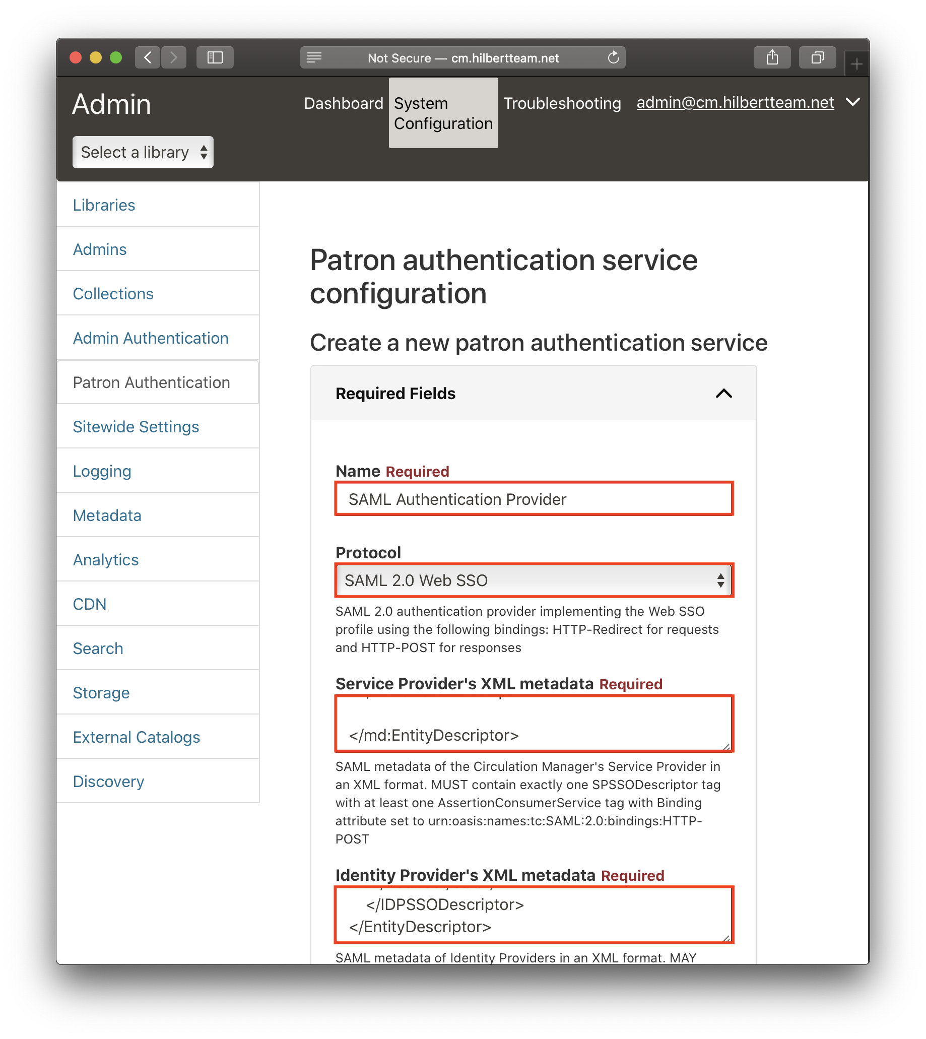 Setting up a SAML authentication provider