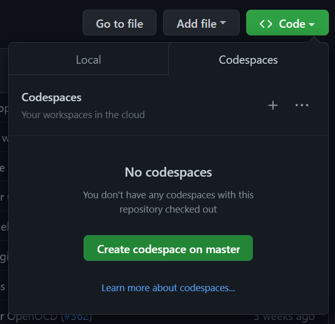 Code > Codespaces > Create codespace on master