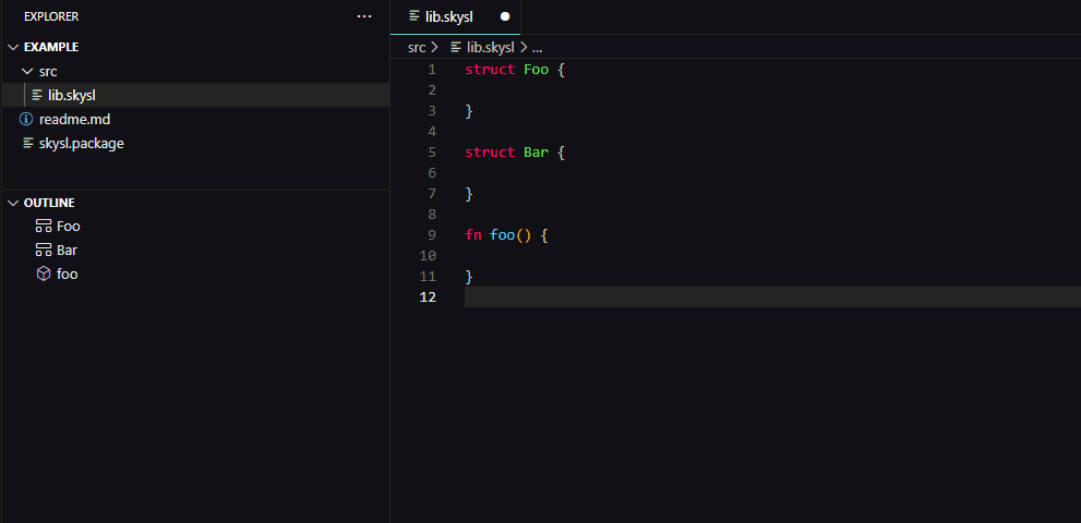 a video showing vscode applying syntax highlighting to sky-sl code