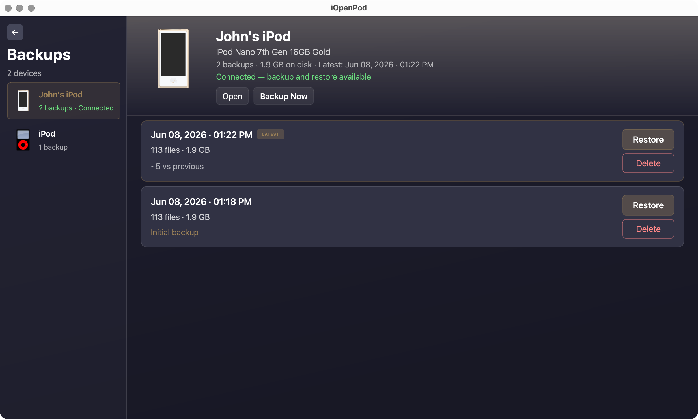 iPod backup browser with restore and delete actions