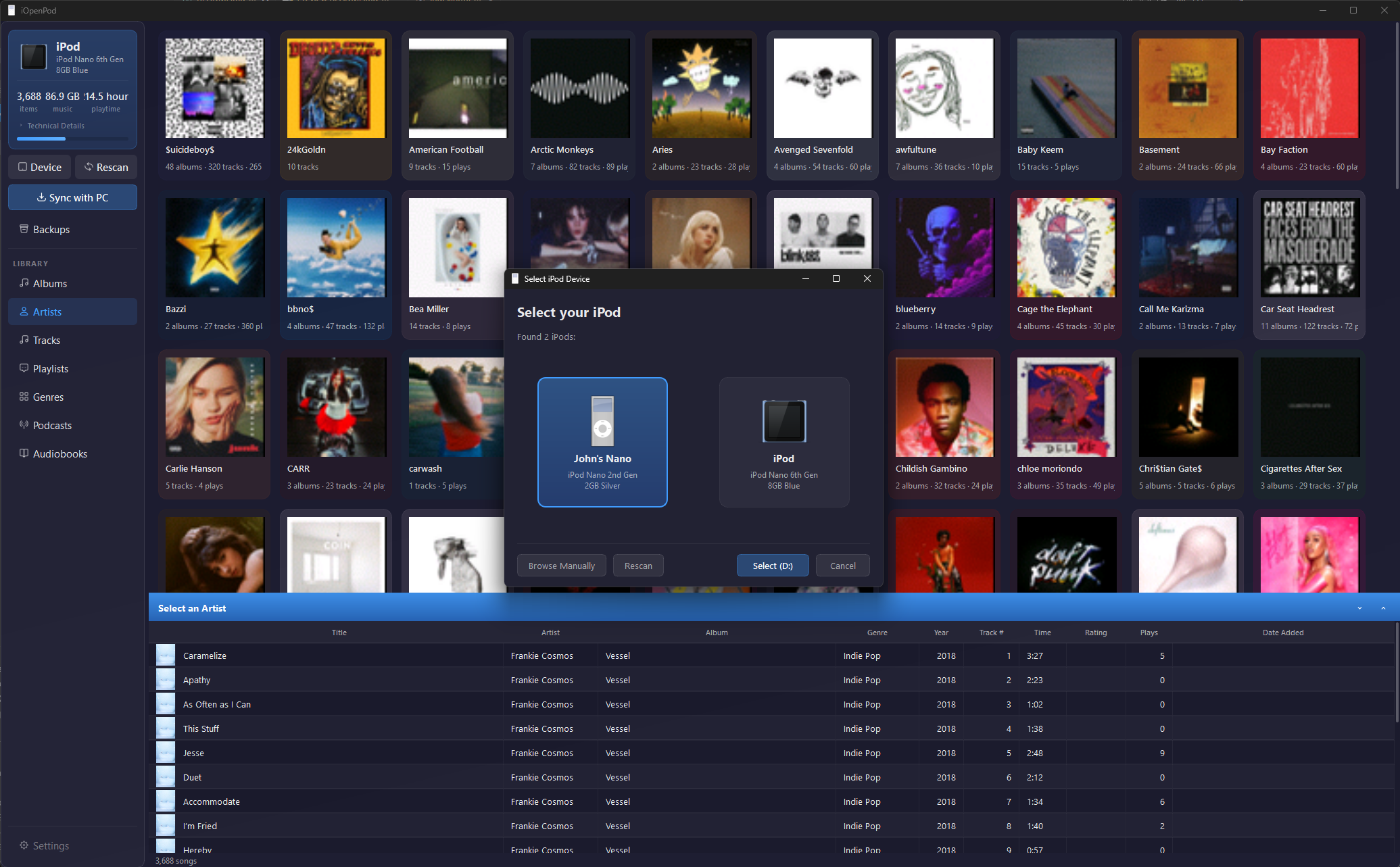 iPod device detection — auto-detect iPod Classic and Nano models on Windows, Mac, Linux