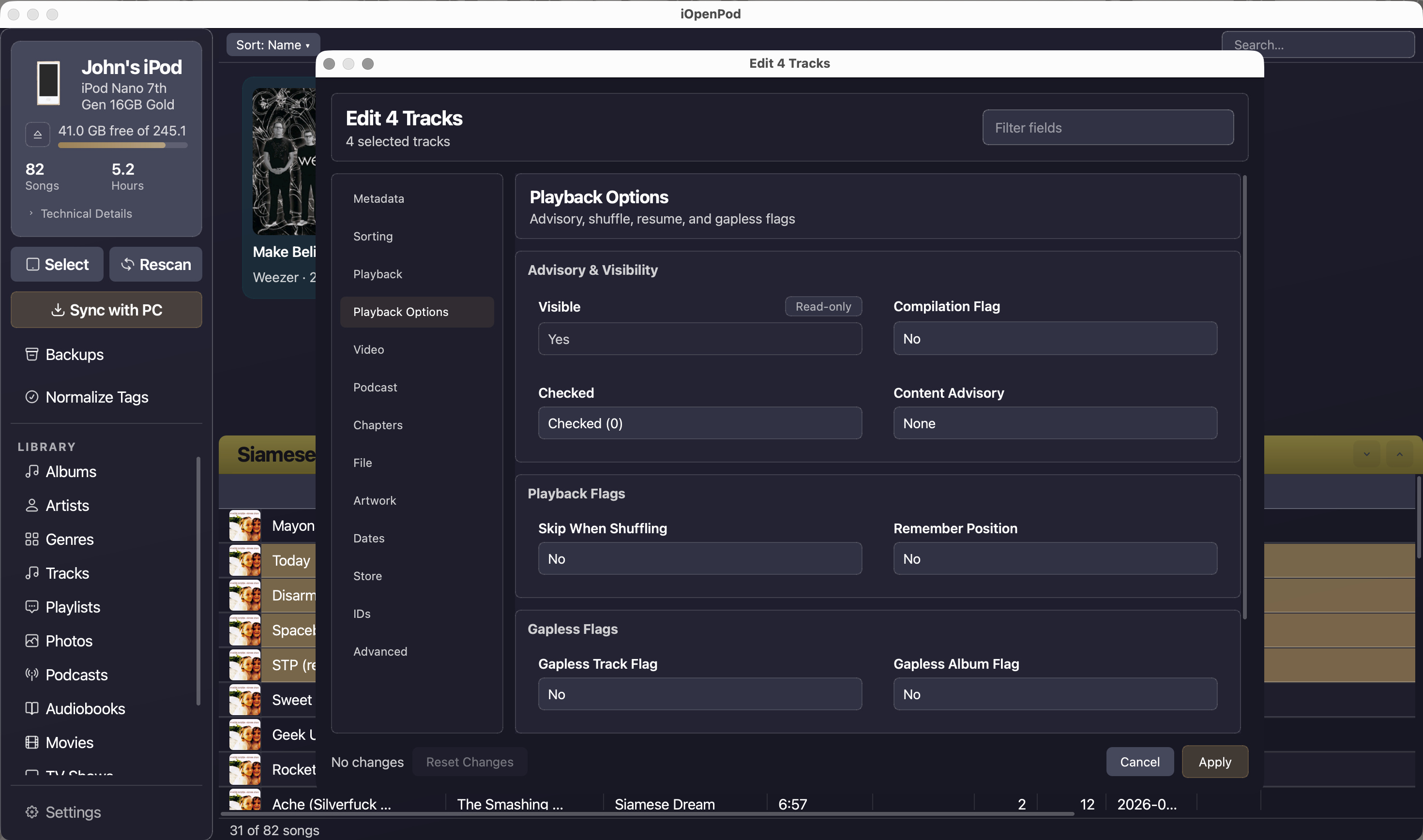 iOpenPod track editor showing playback options and flags