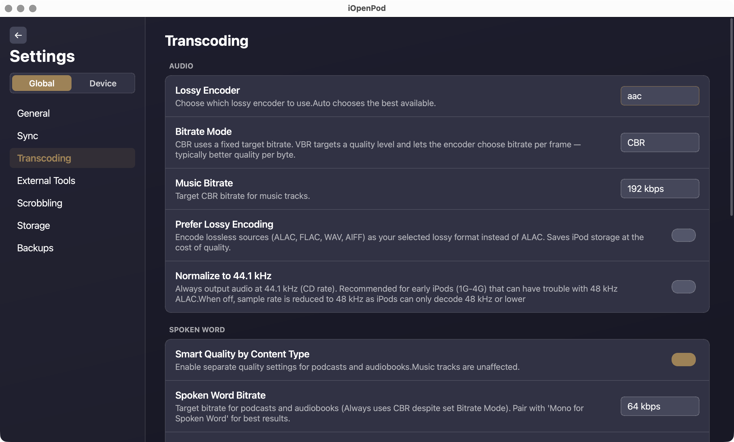 iOpenPod transcoding settings for audio conversion options