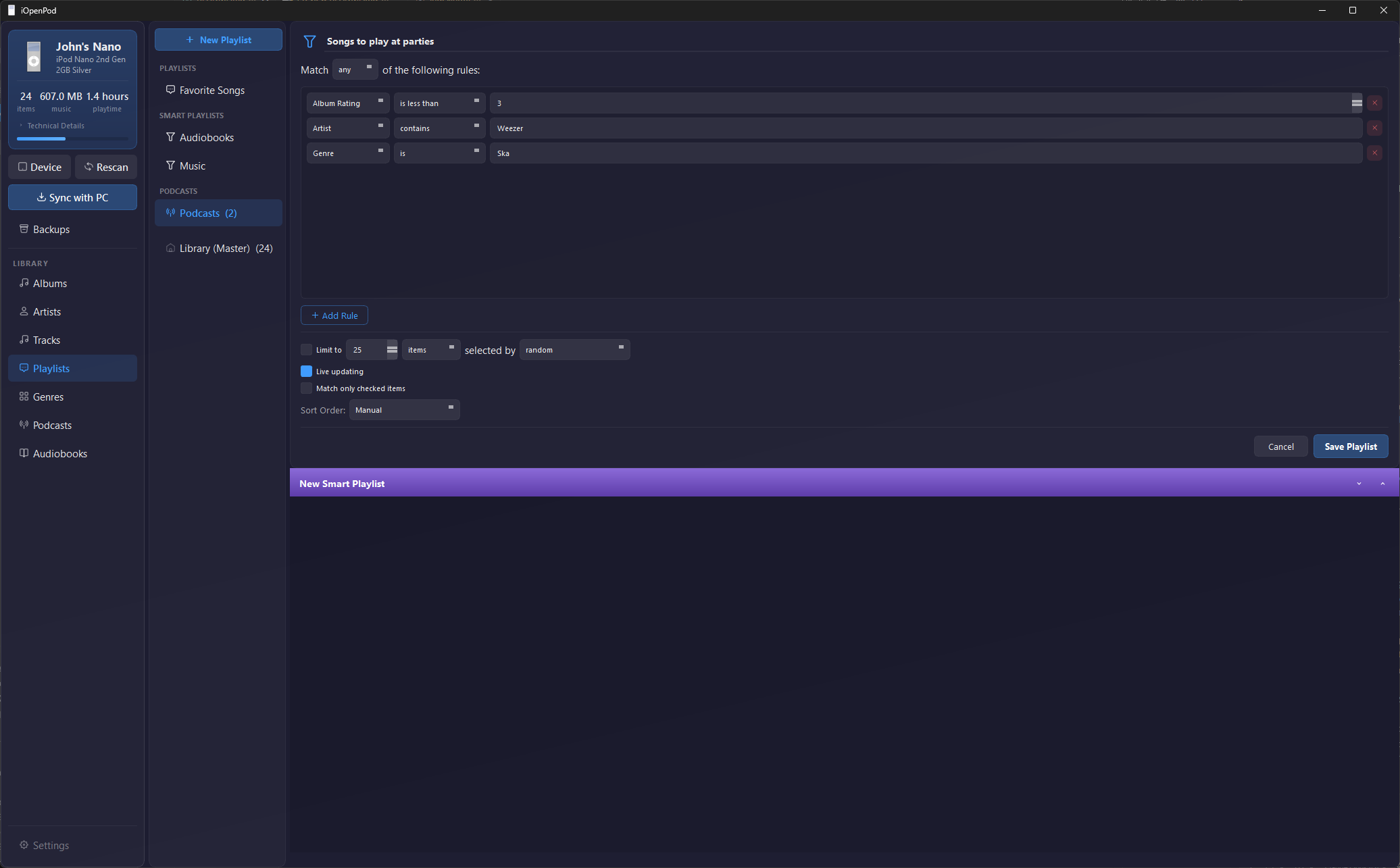 iPod smart playlists — rule-based playlist filtering for iPod Classic