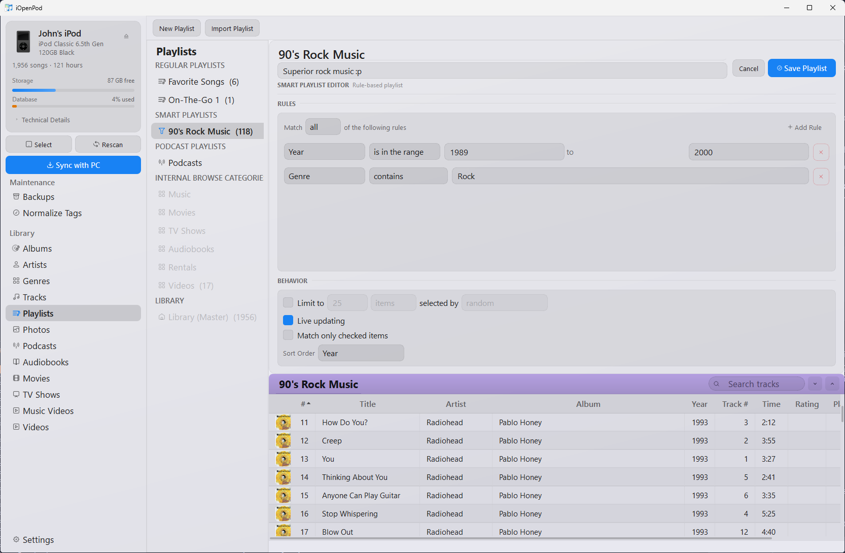 iOpenPod smart playlist editor with year and genre rules, live updating, sort order, and matching tracks