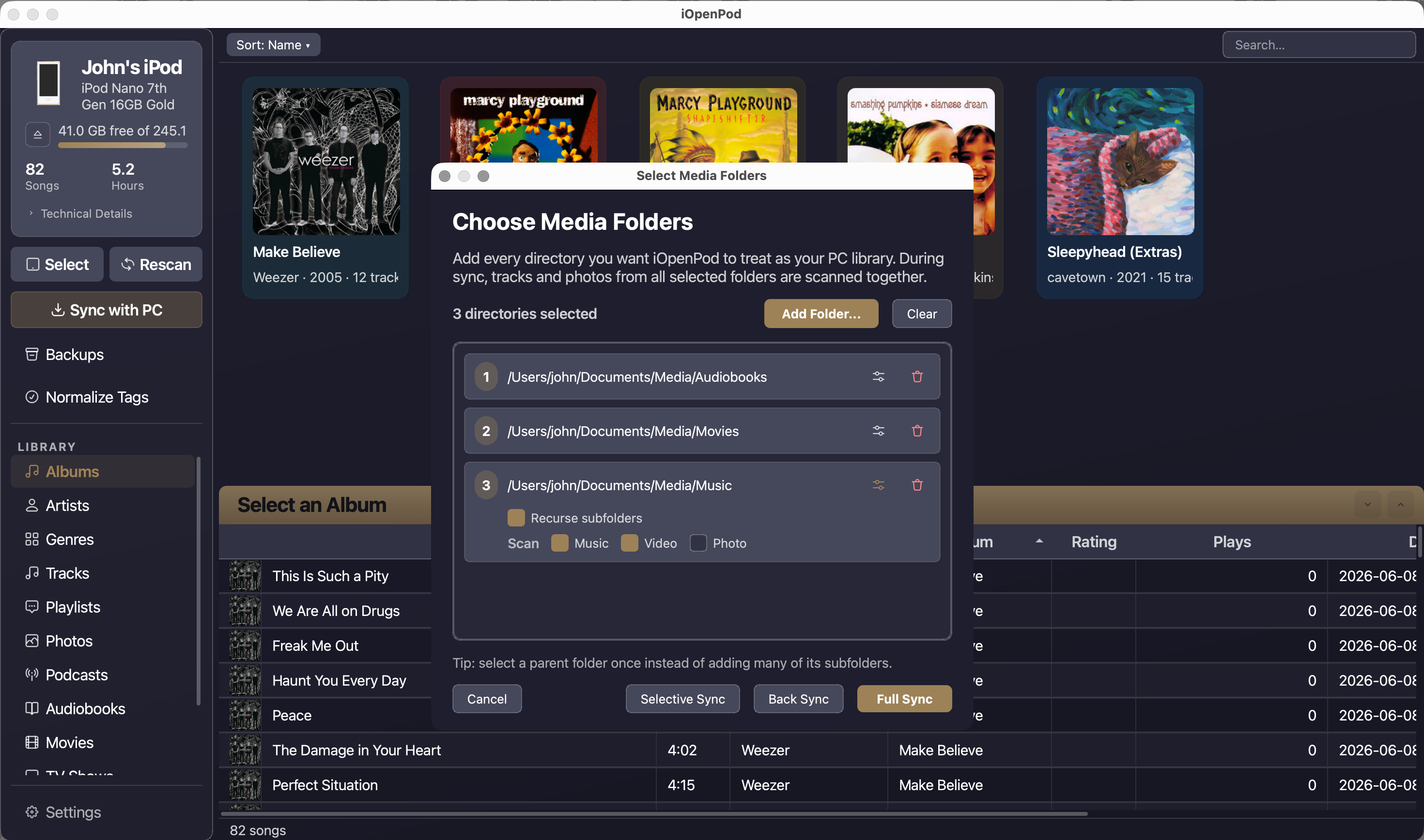 iOpenPod media folder selection for syncing music, video, photos, podcasts, and audiobooks