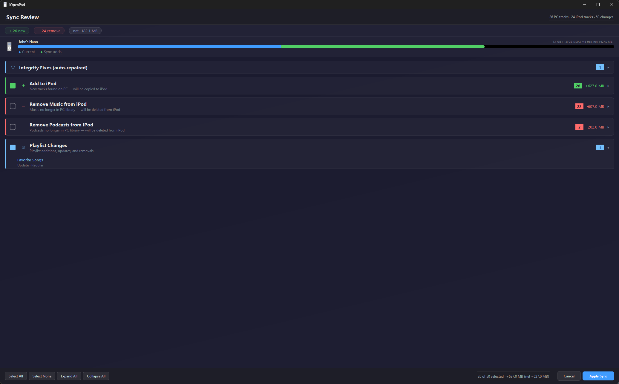 iPod sync review — see tracks being added and removed before syncing without iTunes