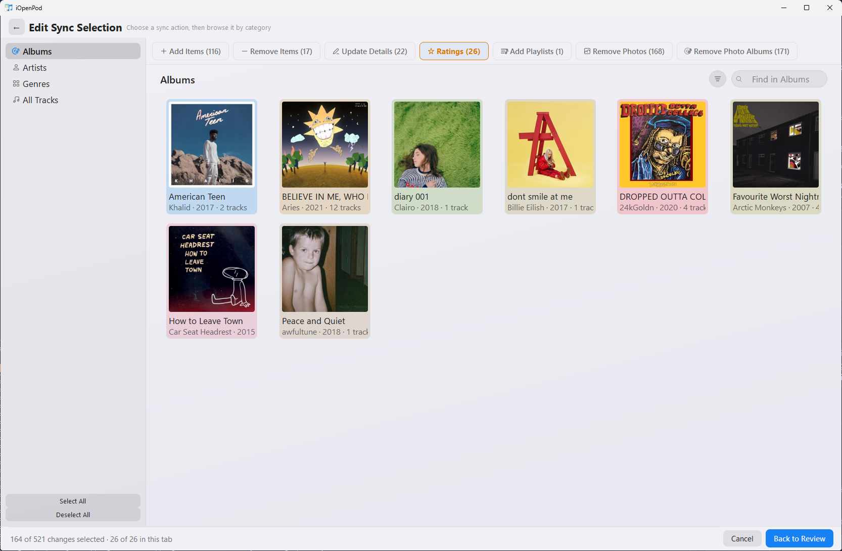 iOpenPod sync selection editor showing rating changes grouped by album and selectable change categories