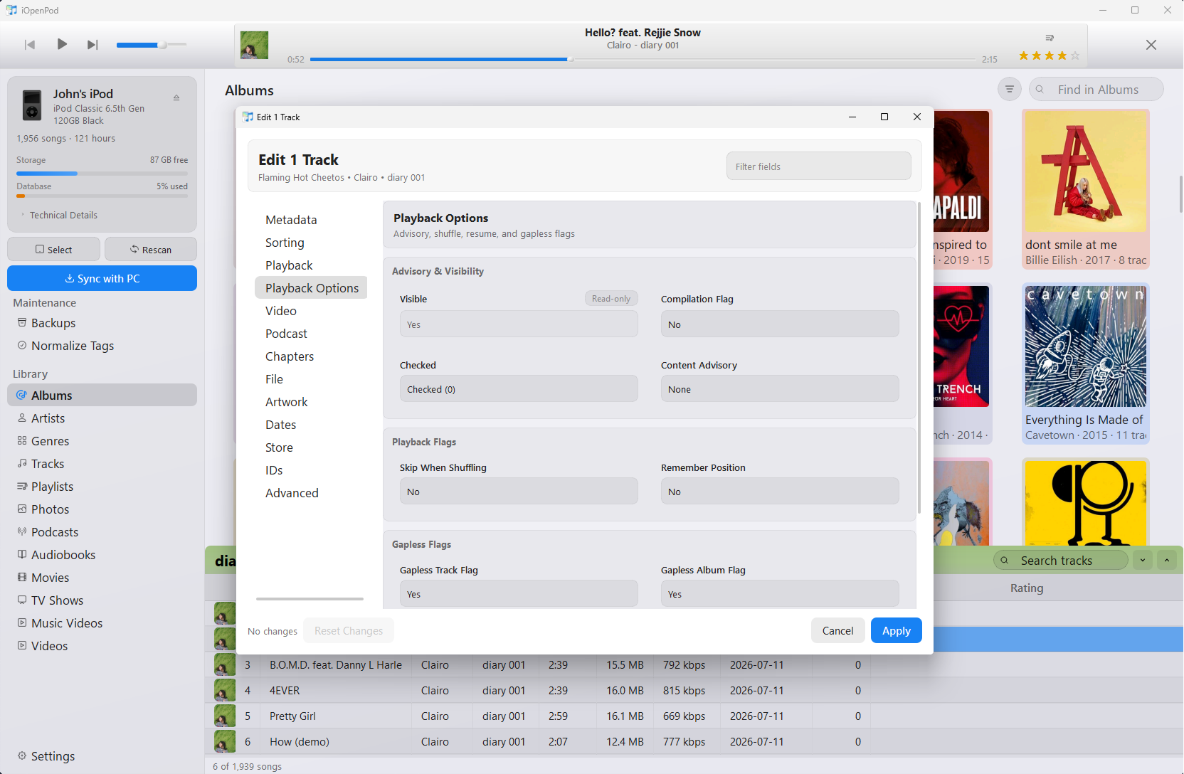 iOpenPod track editor showing playback, gapless, advisory, compilation, and visibility options