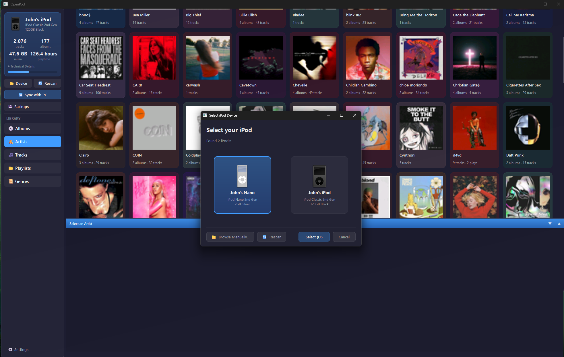 iPod device detection — auto-detect iPod Classic and Nano models on Windows, Mac, Linux