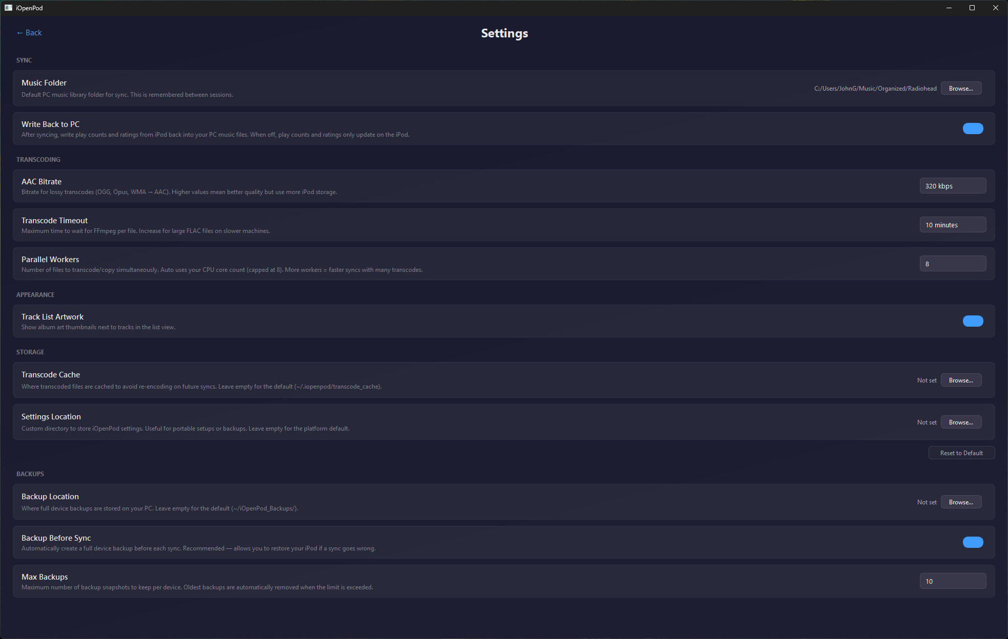 iOpenPod settings — configure FLAC to ALAC transcoding and sync options