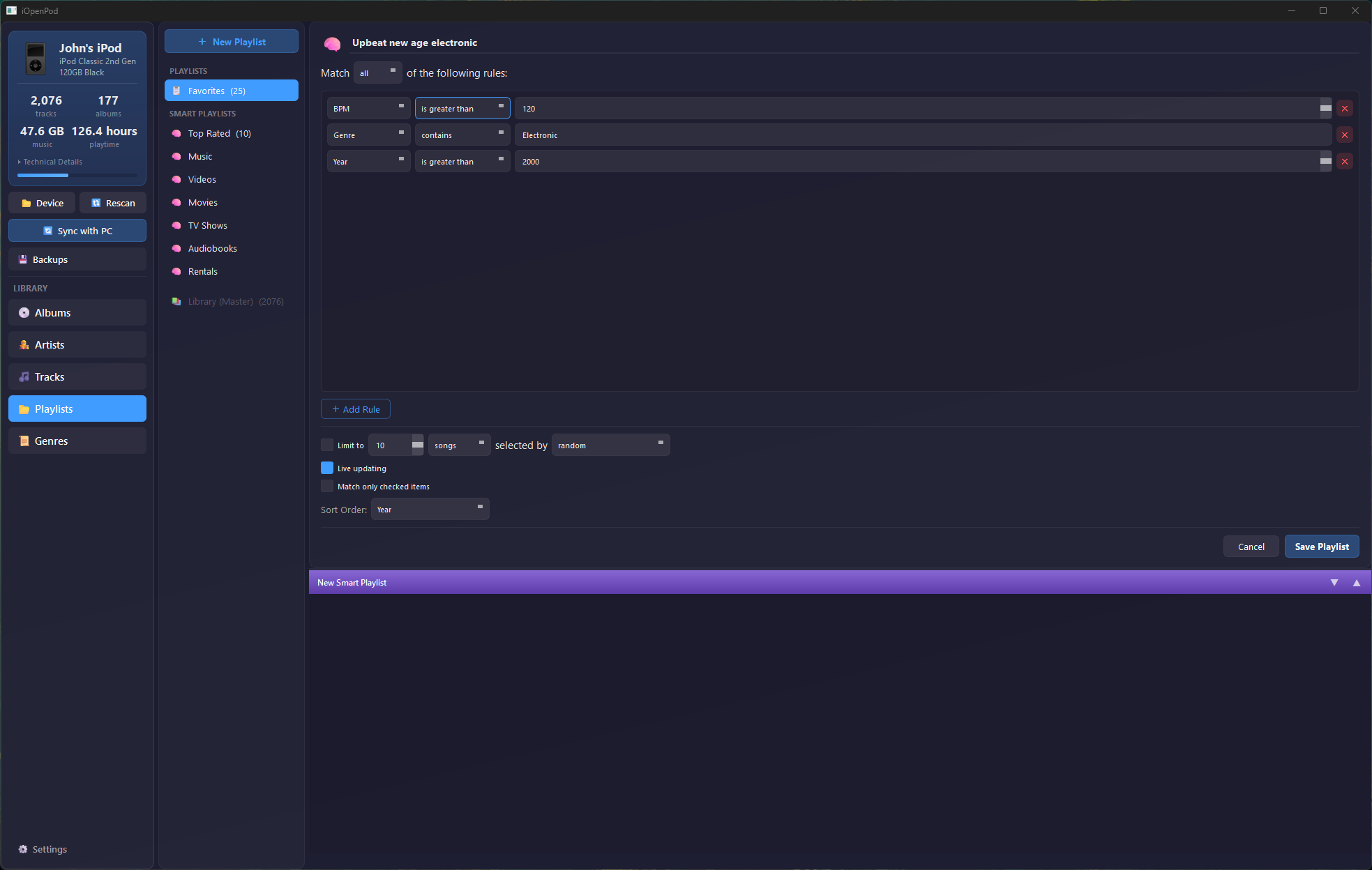 iPod smart playlists — rule-based playlist filtering for iPod Classic