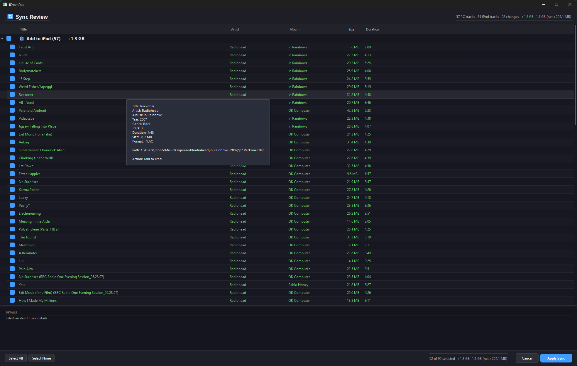 iPod sync review — see tracks being added and removed before syncing without iTunes