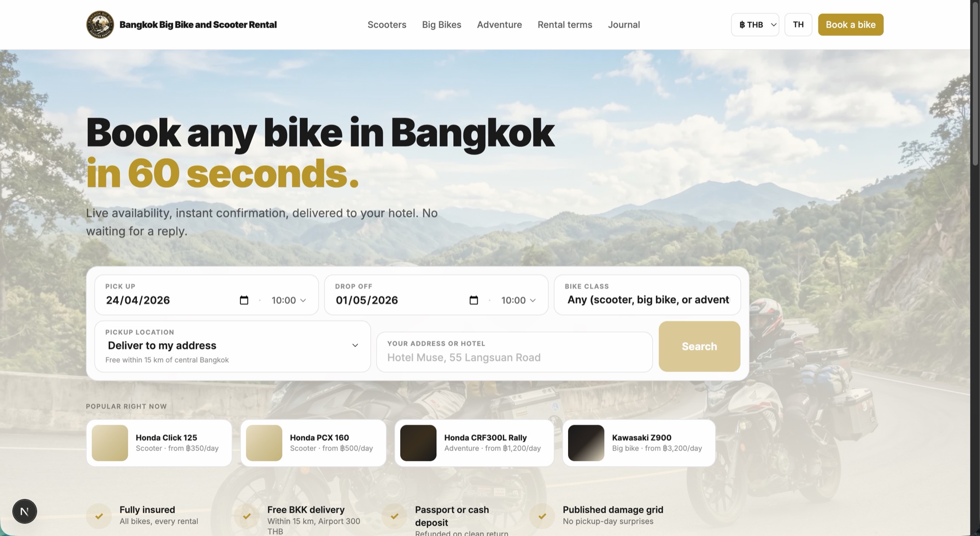 Bangkok Big Bike and Scooter Rental landing page built from an IJFW DESIGN.md contract -- warm editorial aesthetic, bold black display type with gold accent, cinematic mountain hero photography, clean booking widget with pick-up/drop-off/bike-class selectors, Popular Right Now cards, fully-insured + delivery + deposit + damage-grid trust row