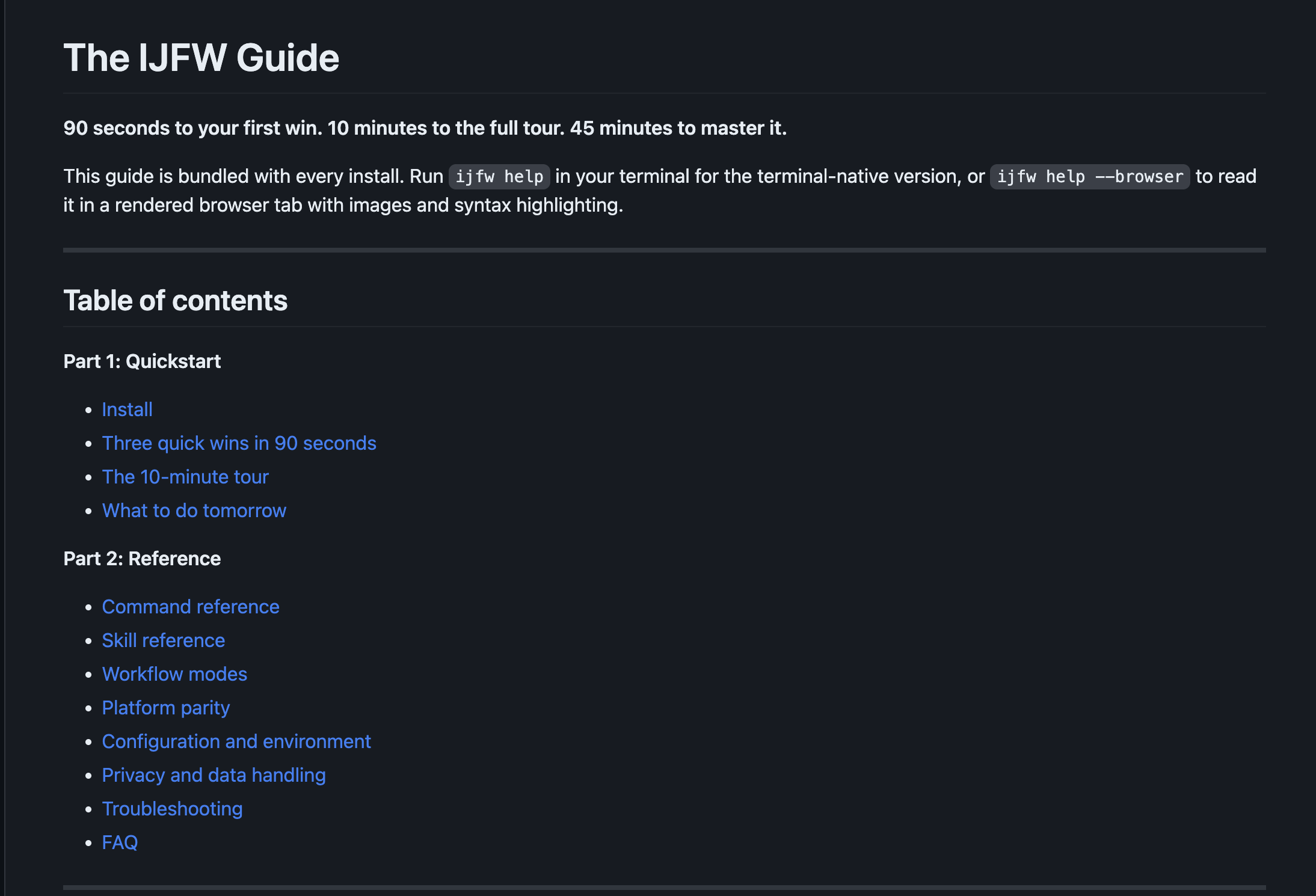 IJFW Guide rendered in the browser: 90 seconds to your first win, 10 minutes to the full tour, 45 minutes to master it. Table of contents: Install, Three quick wins, The 10-minute tour, Command reference, Skill reference, Workflow modes, Platform parity, Configuration, Privacy, Troubleshooting, FAQ.