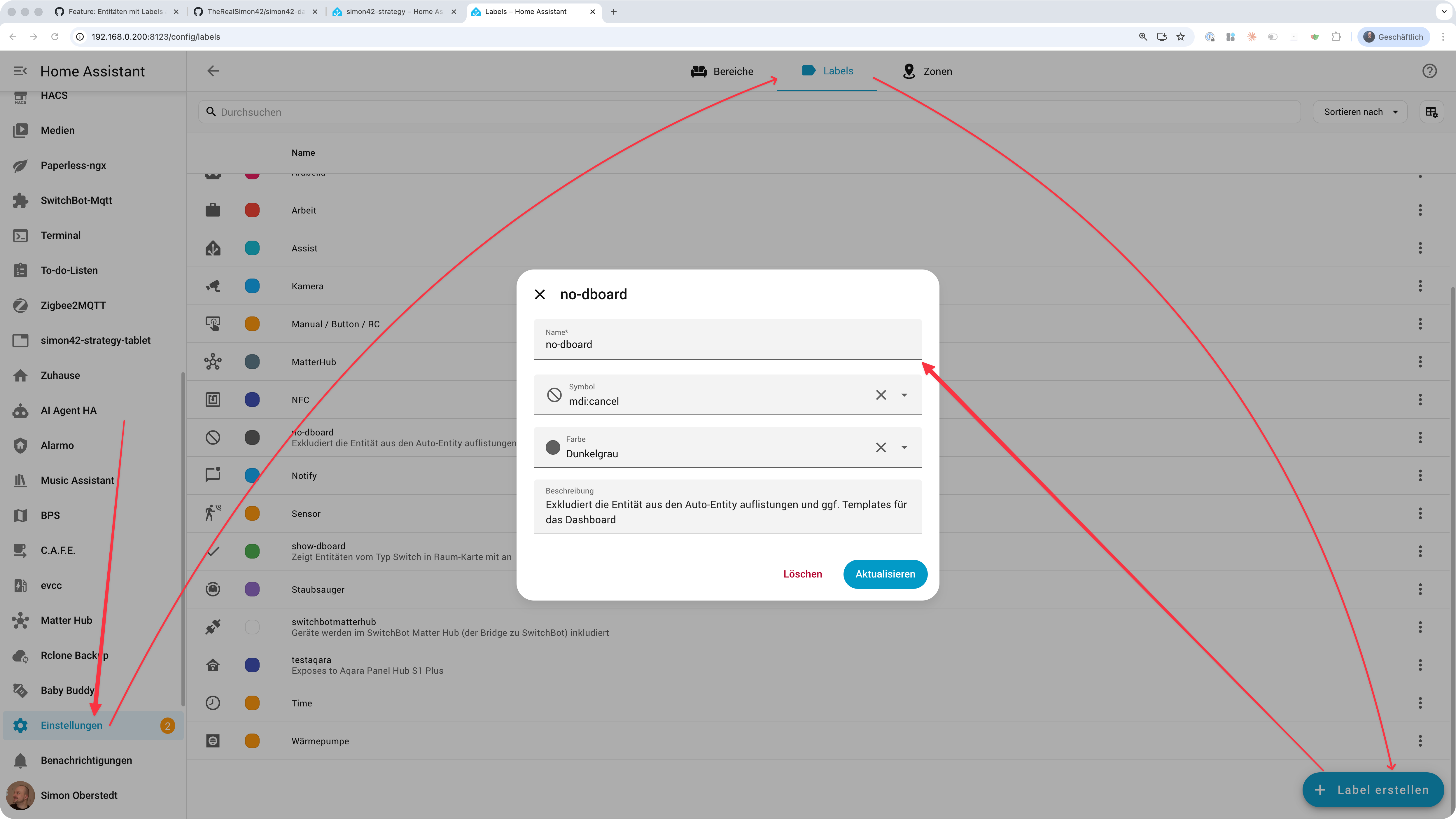 Label no-dboard in Home Assistant erstellen