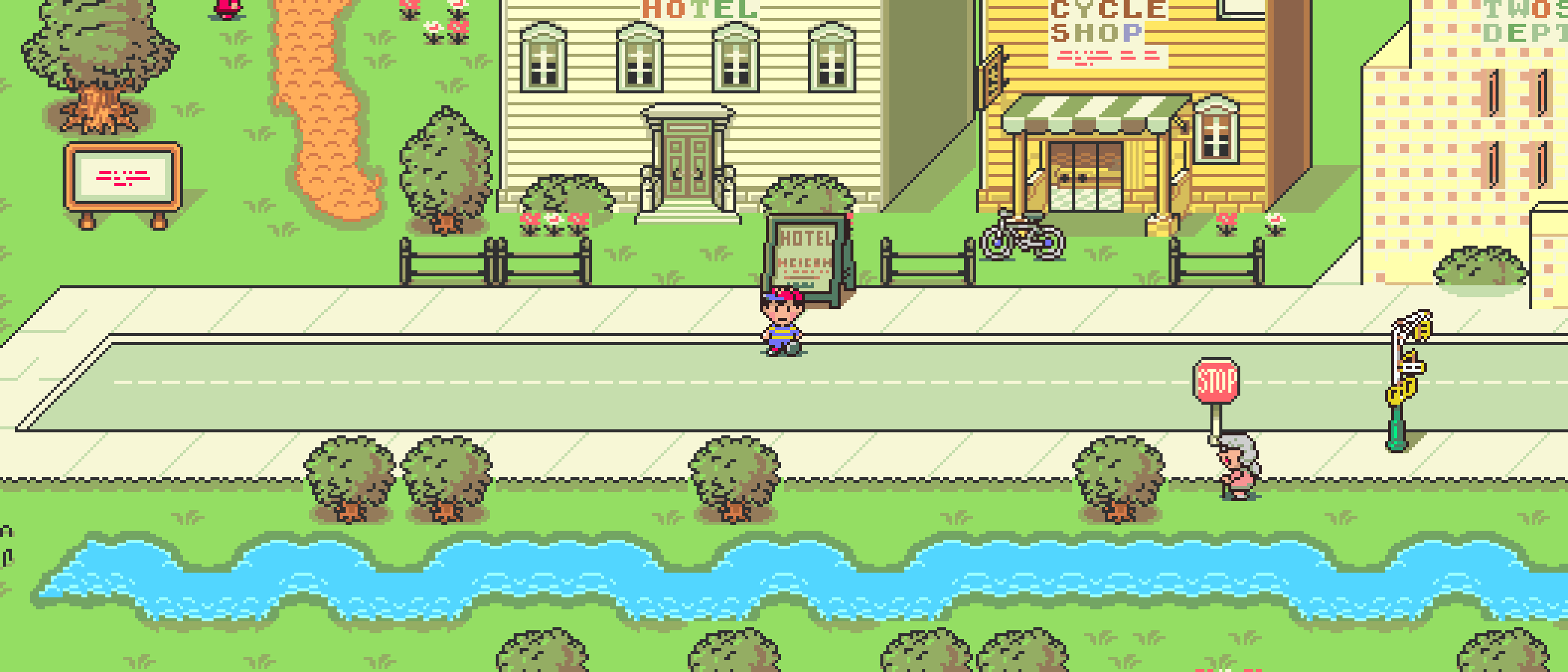 Phase Distorter mostrando EarthBound em 21:9 na cidade de Twoson