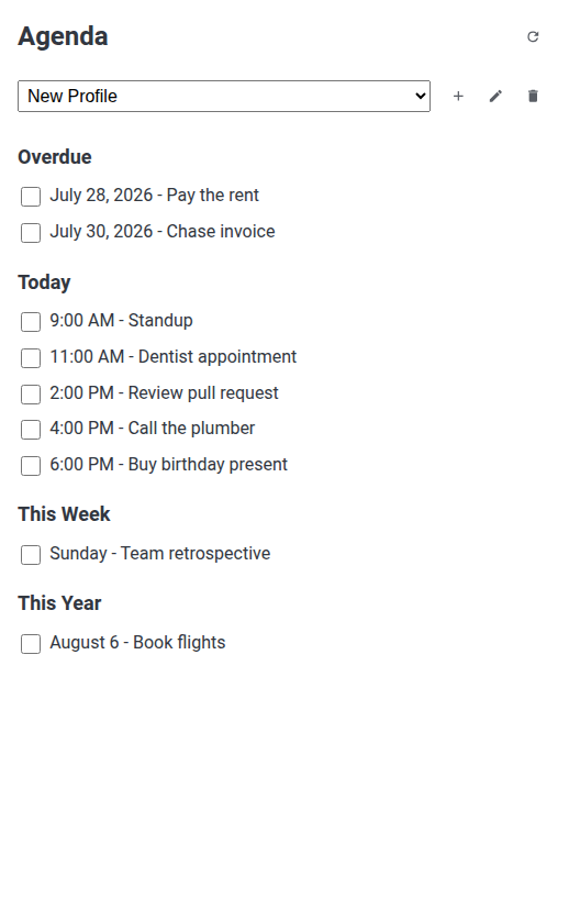 The panel showing to-dos grouped under Overdue, Today, This Week and This Year