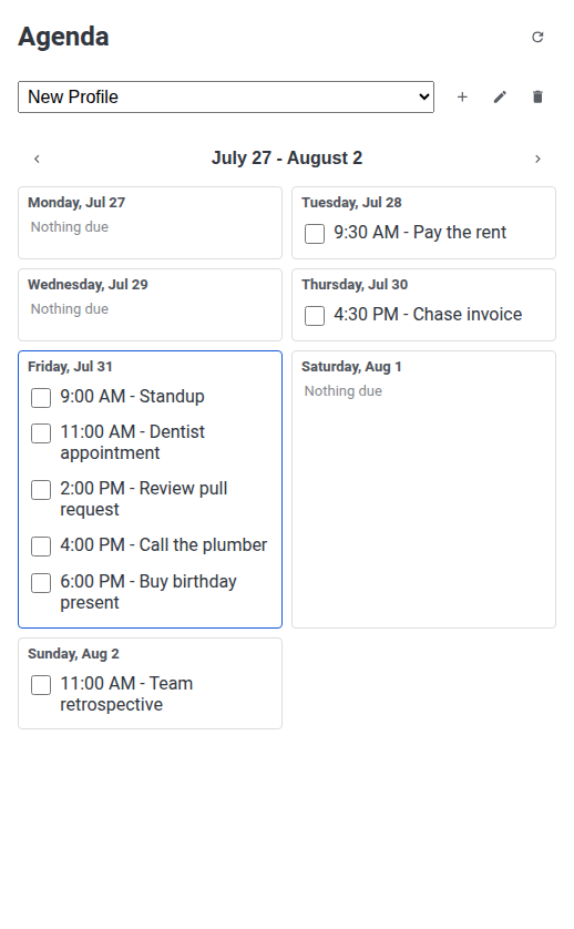 The panel showing seven day sections, each listing its to-dos