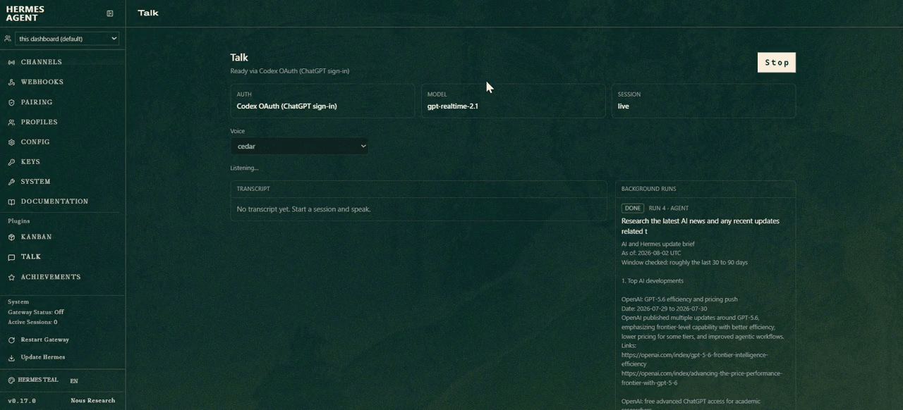 The Talk tab in the Hermes dashboard — a live voice session, a background agent delegated mid-conversation, its result landing in the runs panel (8× speed)