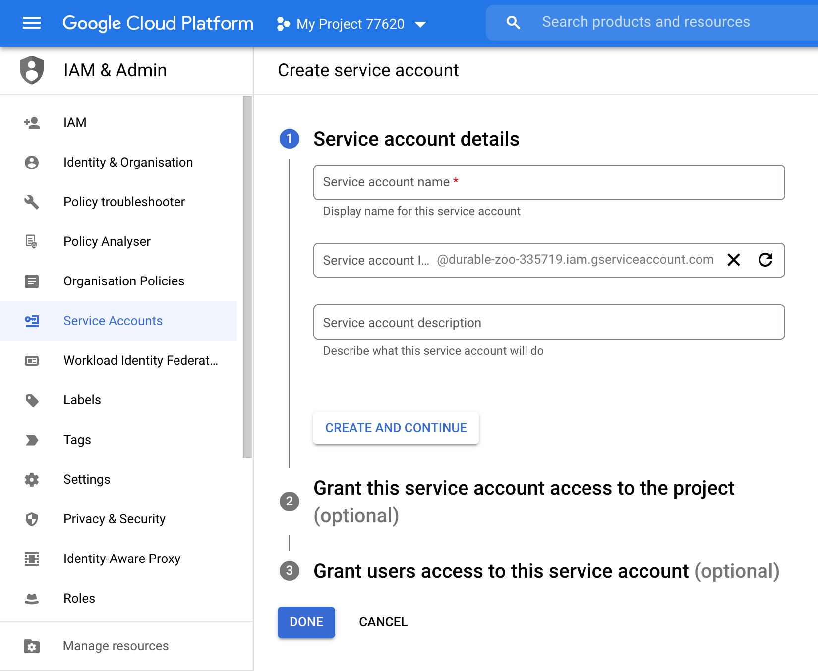 Create service account page