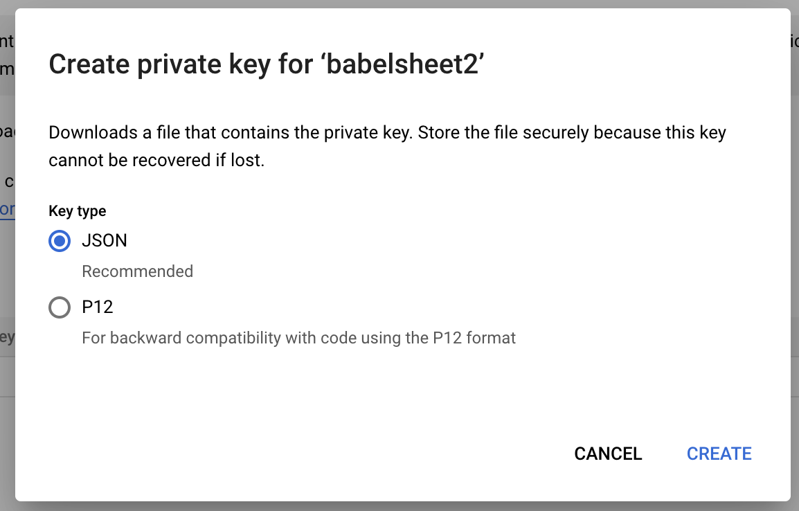 Create private key dialog