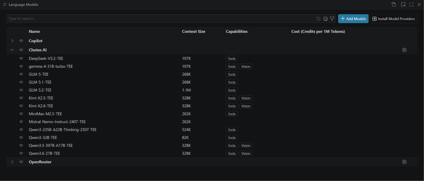 Chutes models in the VS Code Language Models editor