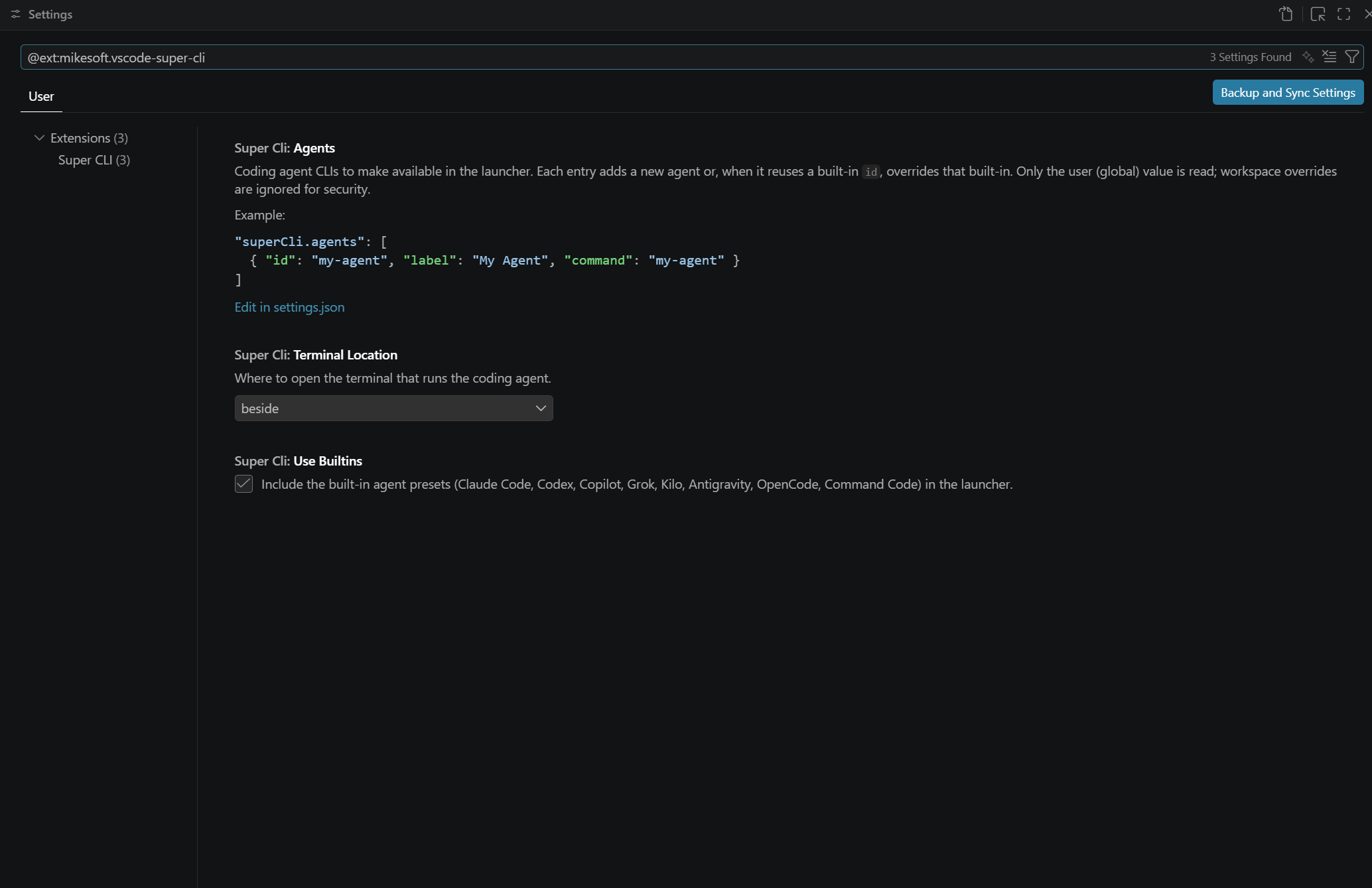 Super CLI settings: agents, terminal location, and built-in presets