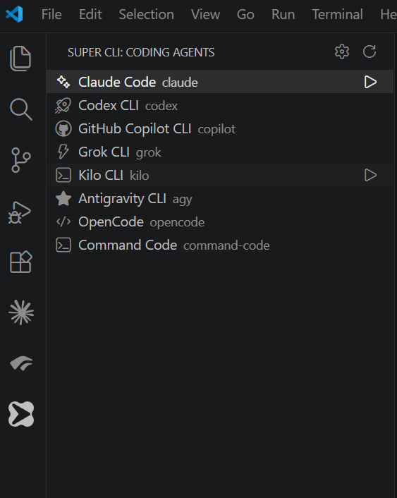Super CLI — the Coding Agents sidebar listing the built-in presets