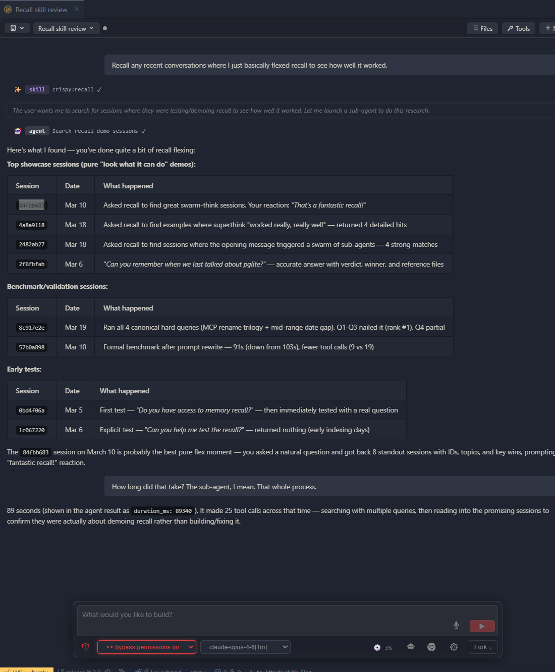 Agent memory — recall searching past sessions with skill and agent badges