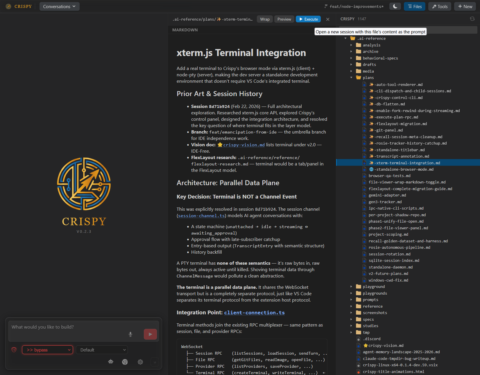 File viewer panel with markdown preview, titlebar with git branch, and file tree