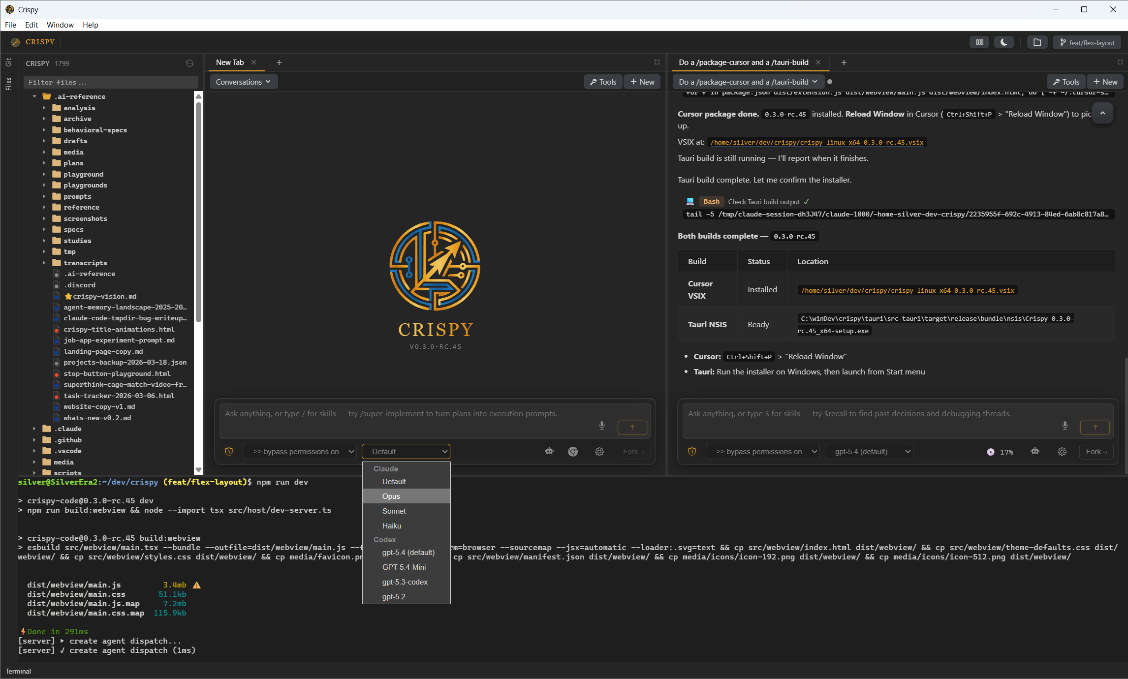 Multi-tab workbench — split sessions, file browser, terminal, and model selector in the Windows native app