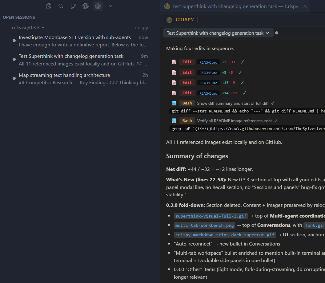 Open Sessions sidebar — live inbox of running agent sessions