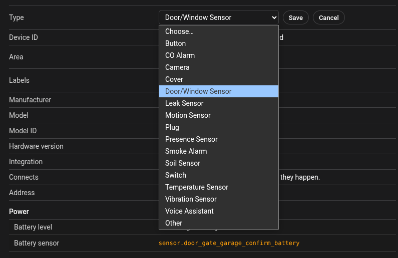 The Type picker on a device page