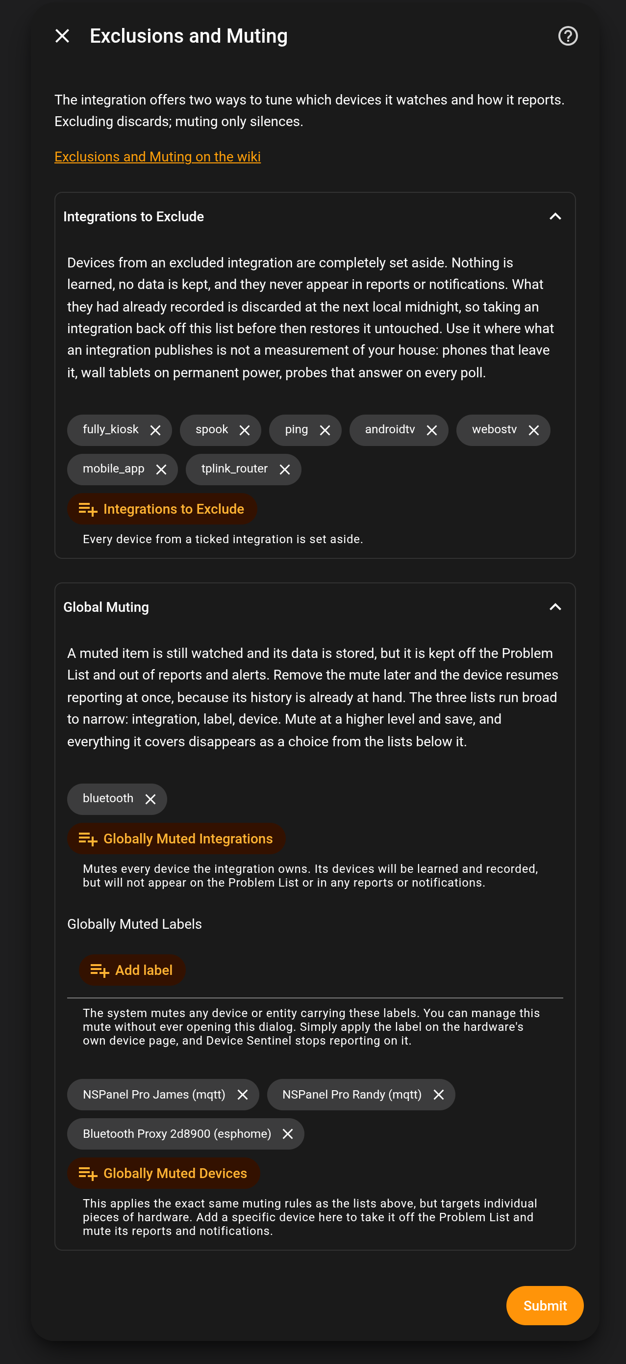 The Exclusions and Muting screen