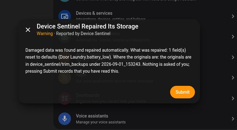 A Repair card after Device Sentinel repaired a damaged data file