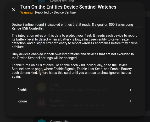 The Repair card offering to turn on the entities Device Sentinel watches