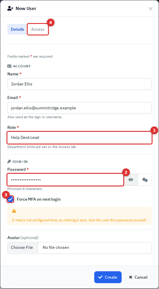 The New User pop-up, filled in with example values, with Role, Password, Force MFA and the Access tab marked 1 to 4