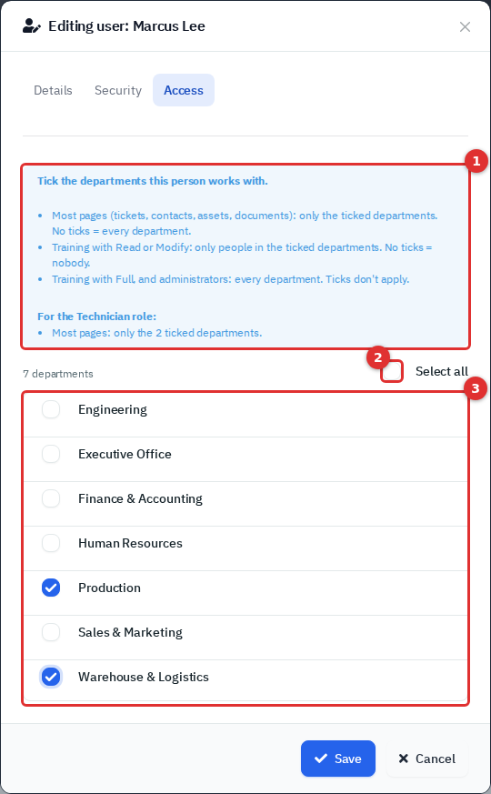 The Access tab of the Edit user pop-up with two departments ticked and the explanation box marked 1